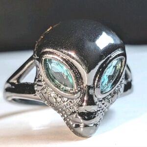 Men’s Alien Skull Biker Ring Black Sterling Silver Gothic Sci Fi Ring Sz 10